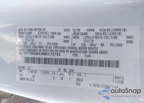 2021 Ford F-250 Xl from USA, damaged, VIN 1FT7W2B63MEC75753